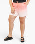 A model wearing a pair of pink and white gradient drawstring shorts, styled with a black top and black slide sandals against a plain white background.