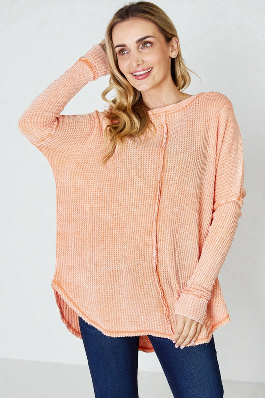 Peach Waffle Knit Raw Edge Top