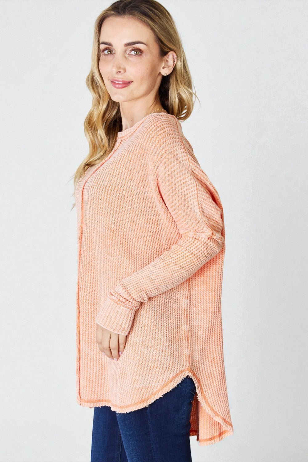 Haut surdimensionné à manches longues gaufré en coton lavé en orange clair