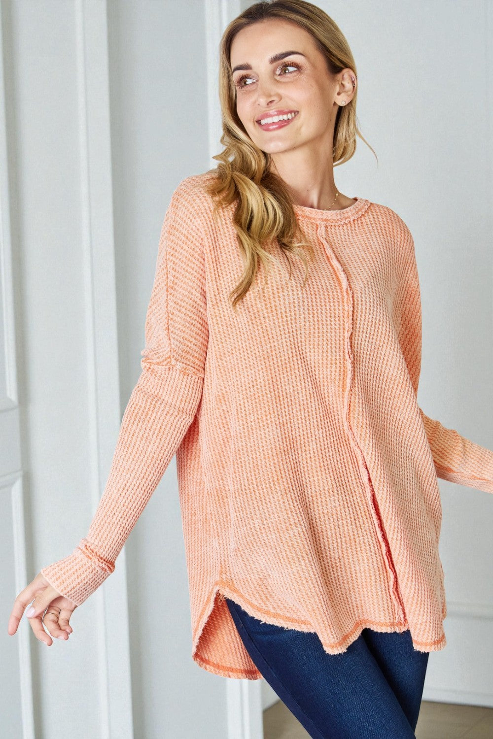 Haut surdimensionné à manches longues gaufré en coton lavé en orange clair