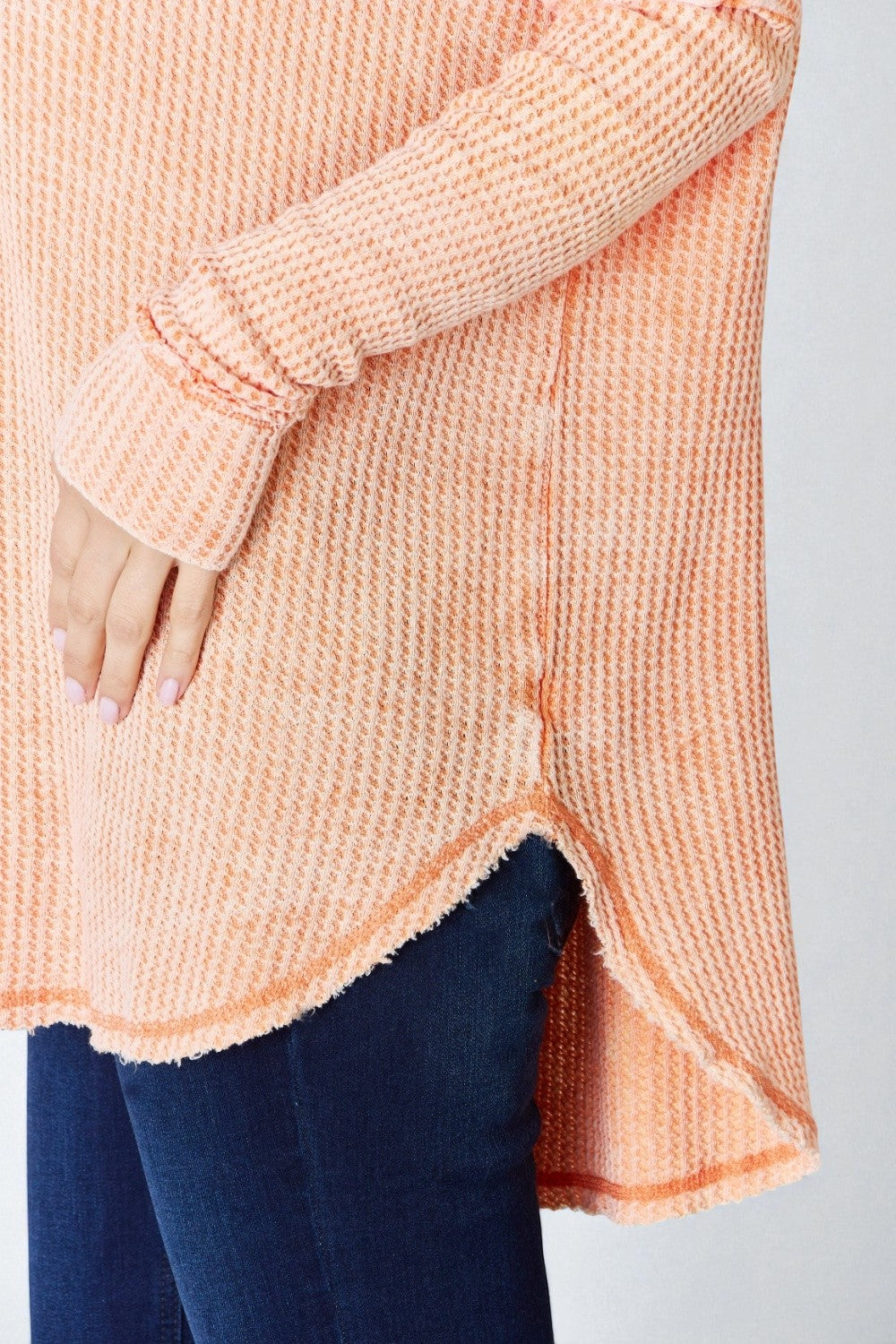Haut surdimensionné à manches longues gaufré en coton lavé en orange clair