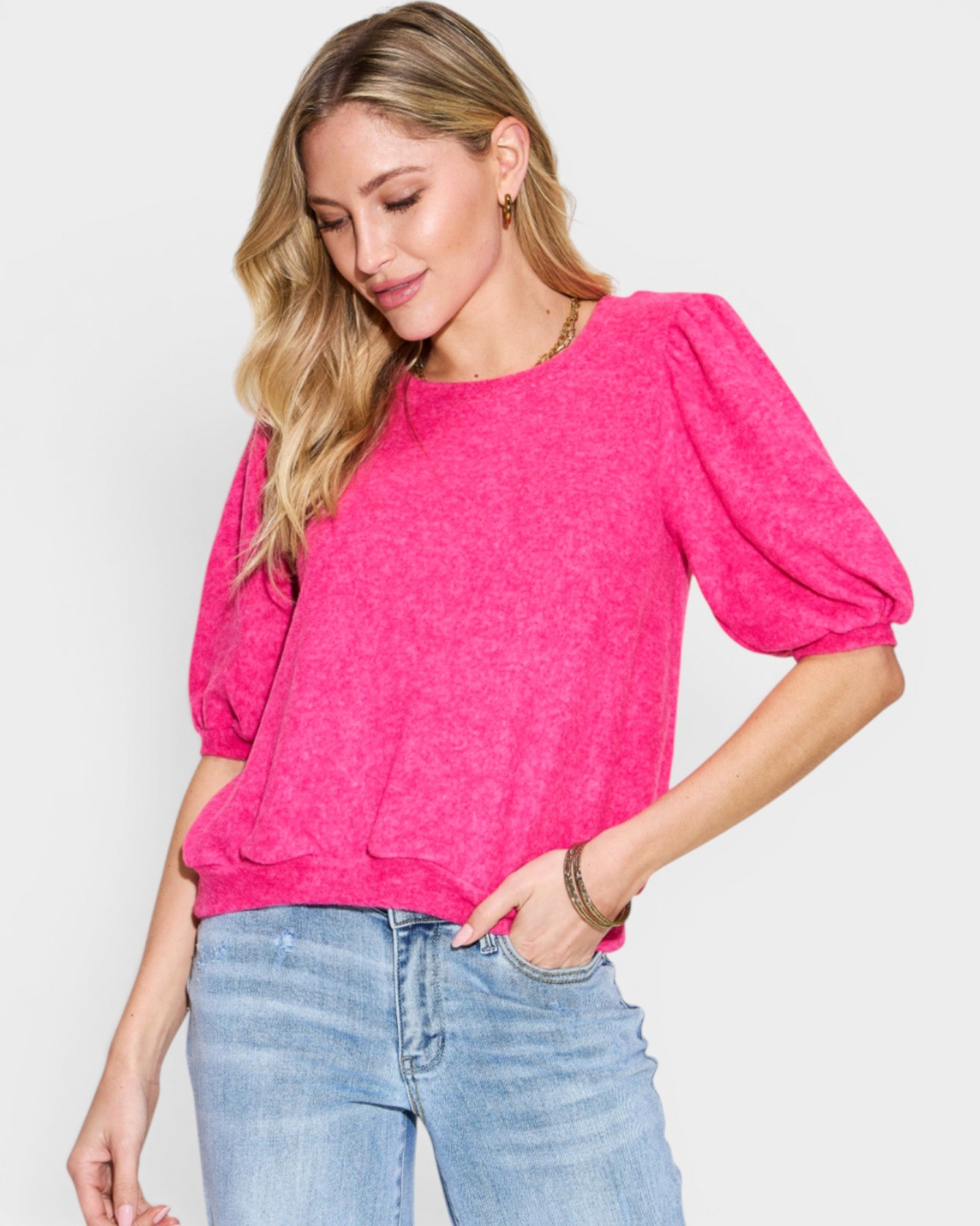 Jersey de media manga con cuello redondo en fucsia