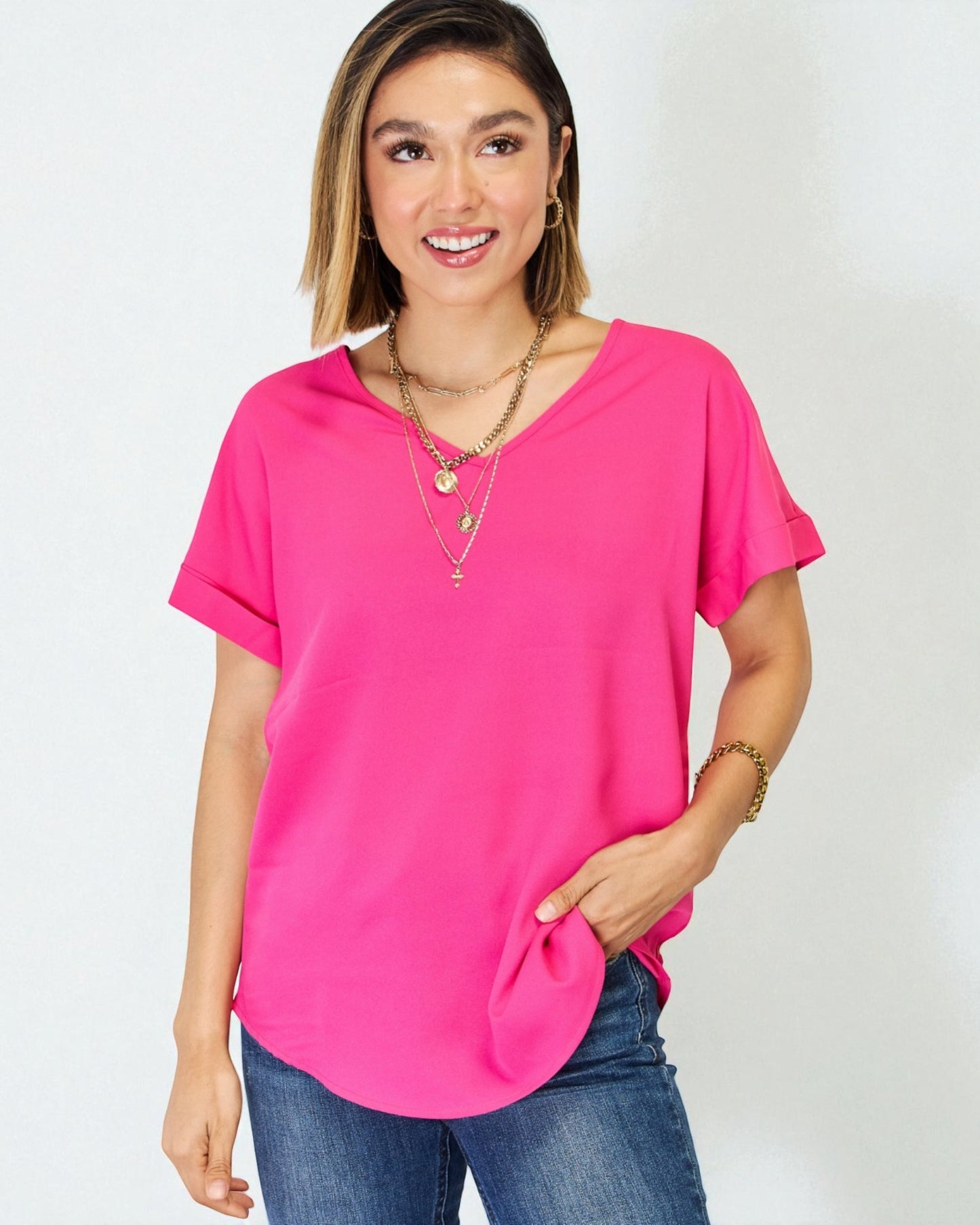 Fuchsia Rolled Sleeve V-Neck Top