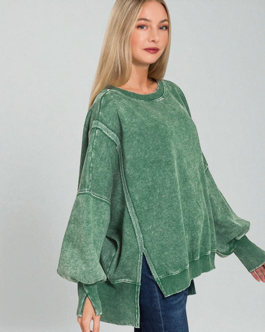 Sage Washed Oversized Split-Hem Sweatshirt