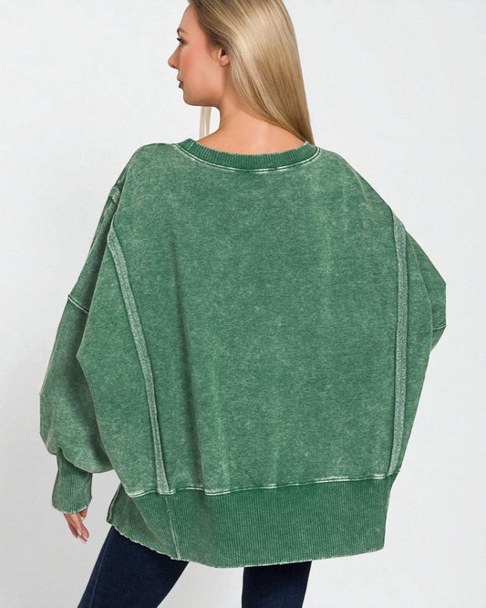 Sage Washed Oversized Split-Hem Sweatshirt