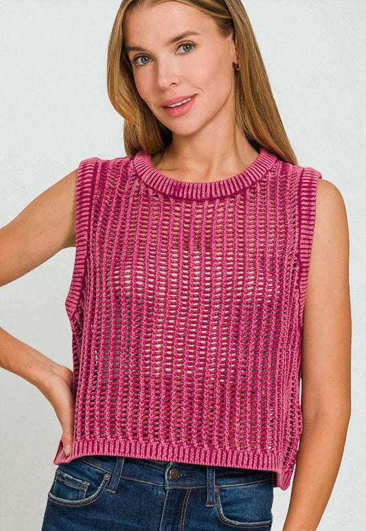 Berry Open Knit Sleeveless Sweater