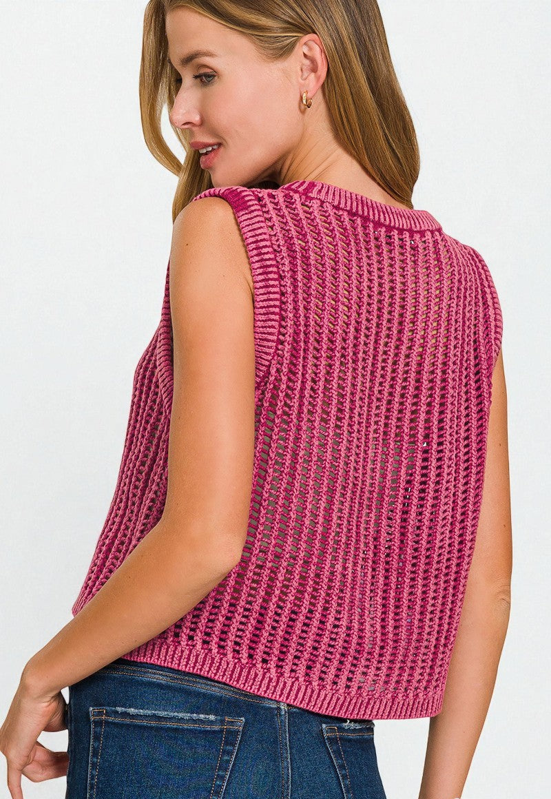 Berry Open Knit Sleeveless Sweater