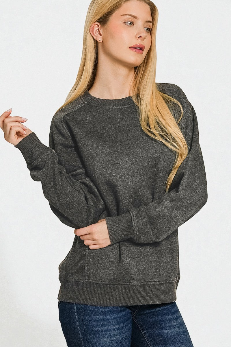 Washed Black Ribbed Panel Pullover