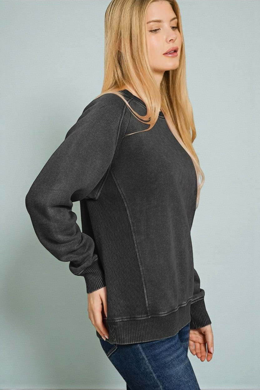 Washed Black Ribbed Panel Pullover