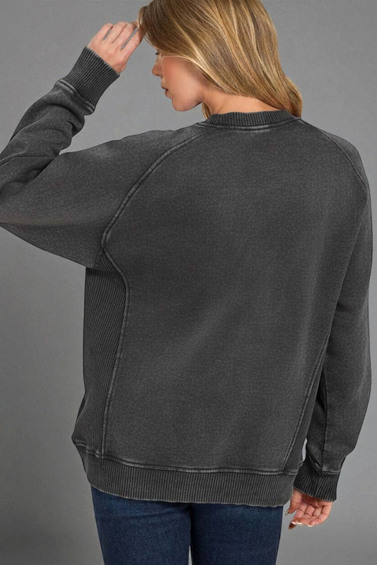 Washed Black Ribbed Panel Pullover