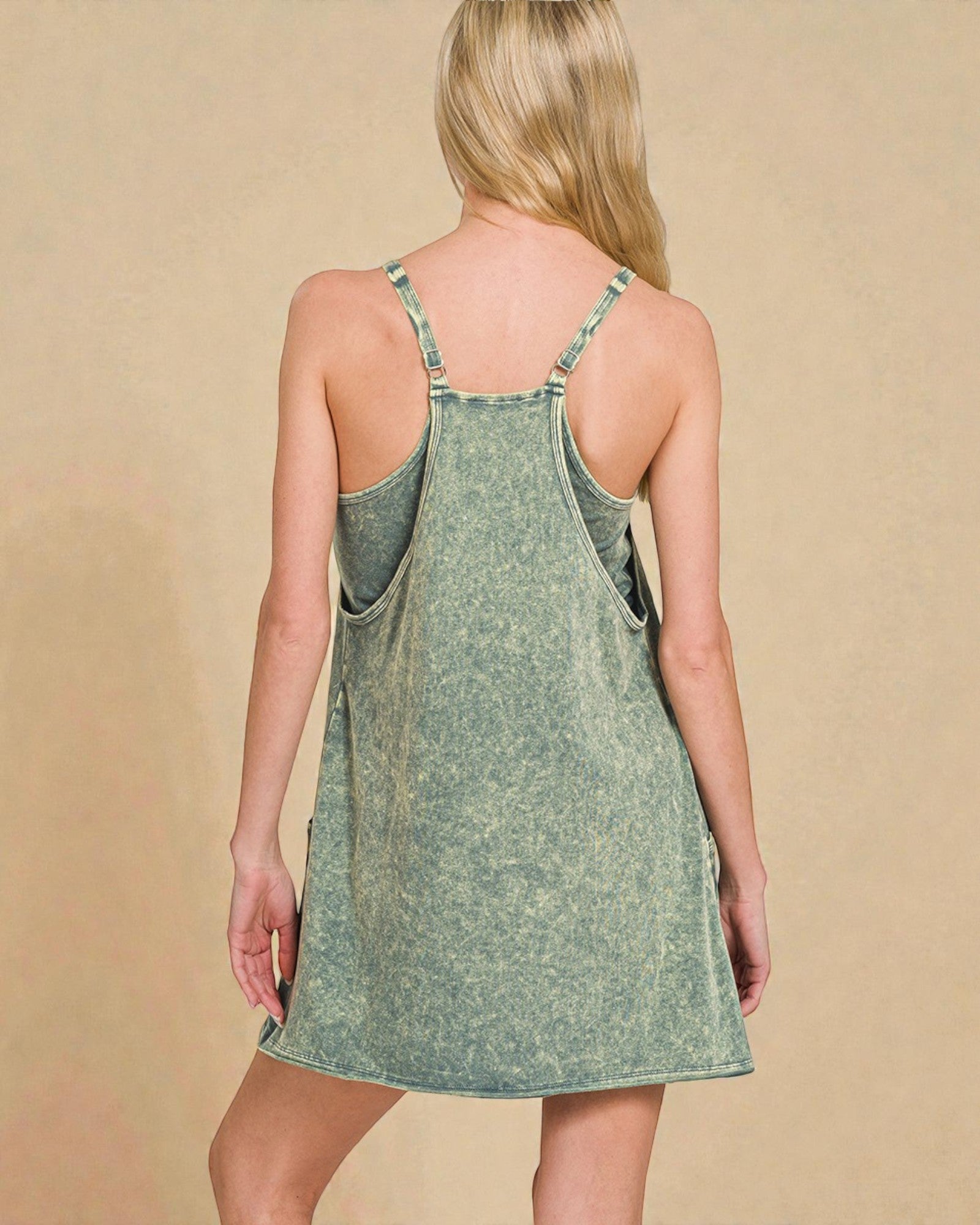ZENANA Sage Mineral Wash Pocket Mini Dress Beach Rose Co. ZENANA Sage Mineral Wash Pocket Mini Dress Beach Rose Co.