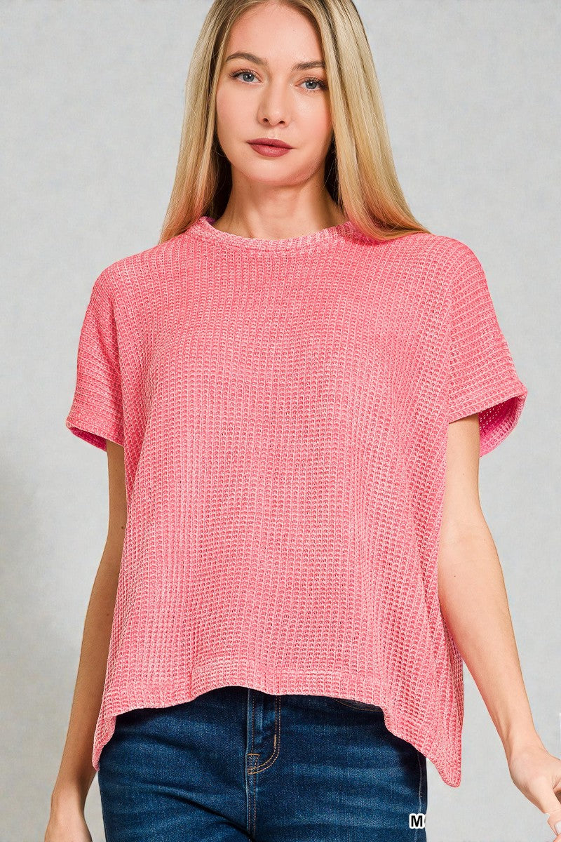 Pink Chenille Waffle Knit Short Sleeve Sweater