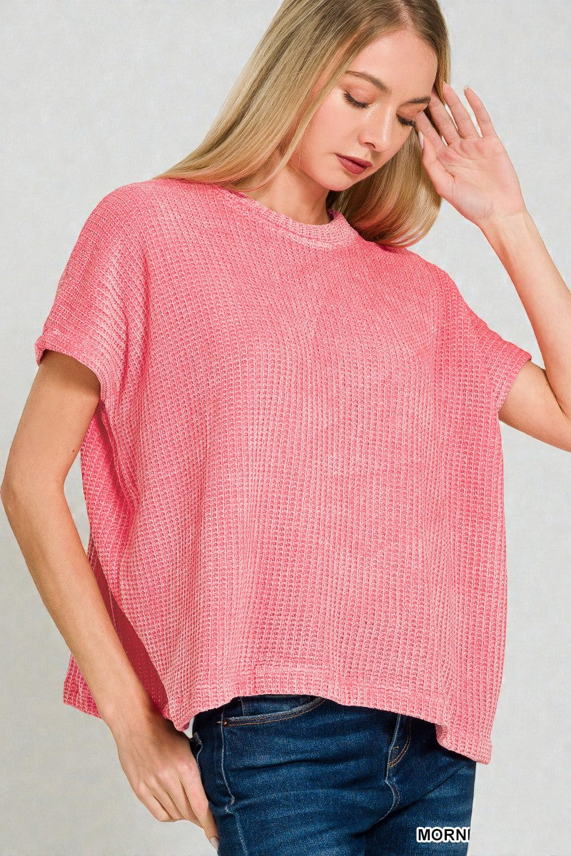 Pink Chenille Waffle Knit Short Sleeve Sweater