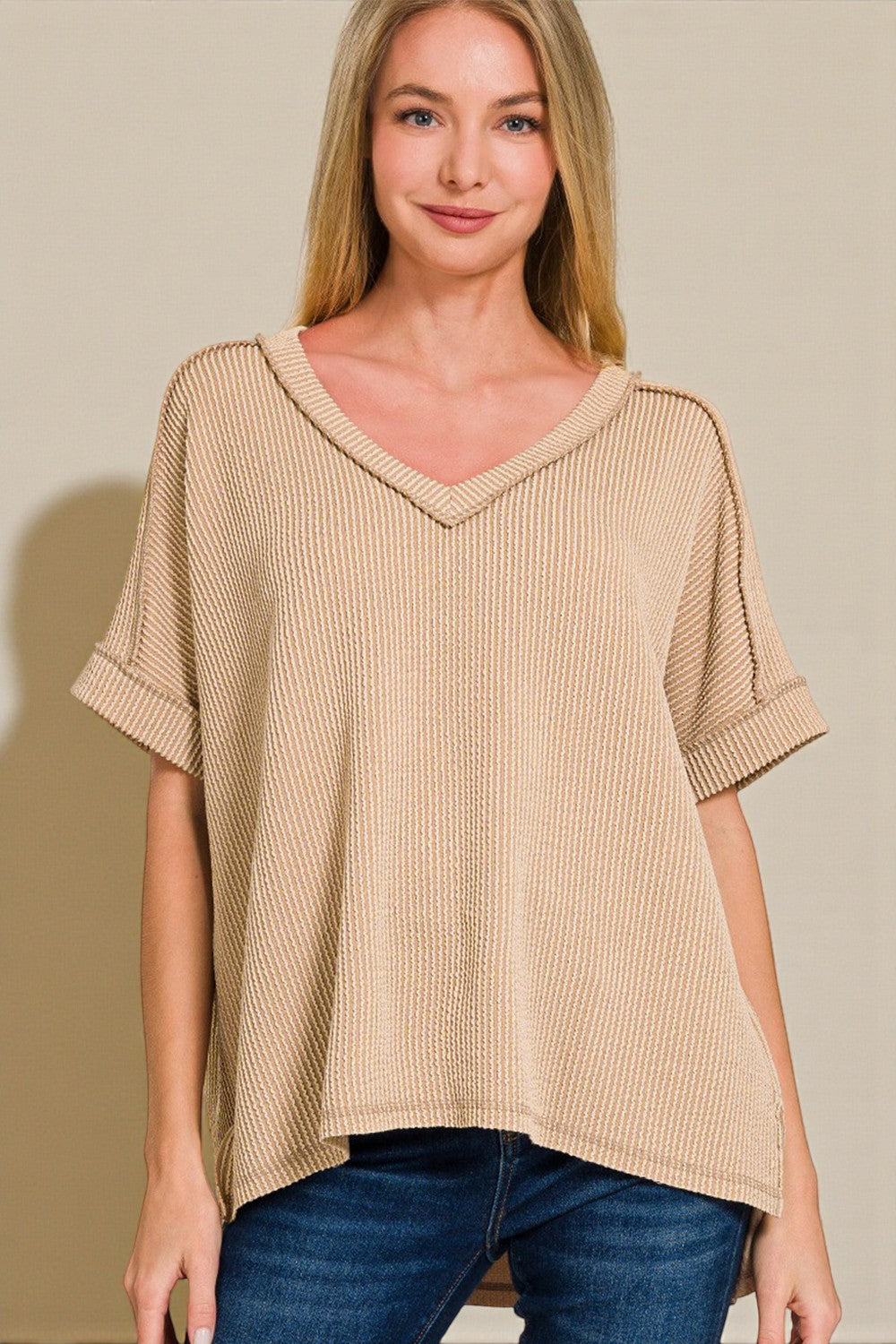 Sand Ribbed V-Neck Short Sleeve Top