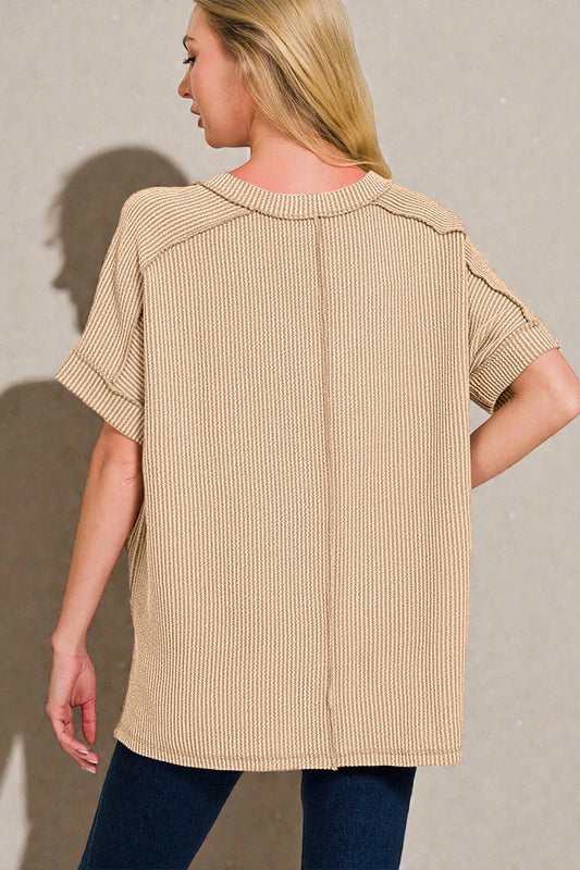 Sand Ribbed V-Neck Short Sleeve Top