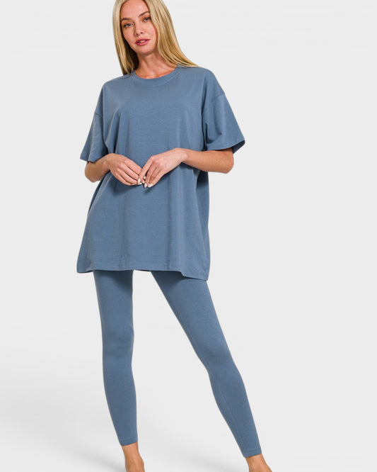 Dusty Blue Oversized Tee & Leggings Set