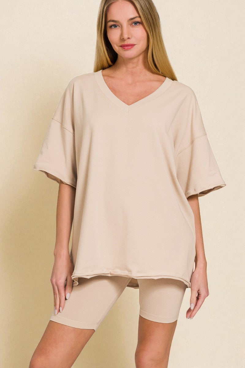 Sand Beige V-Neck Oversized Tee & Biker Shorts Set