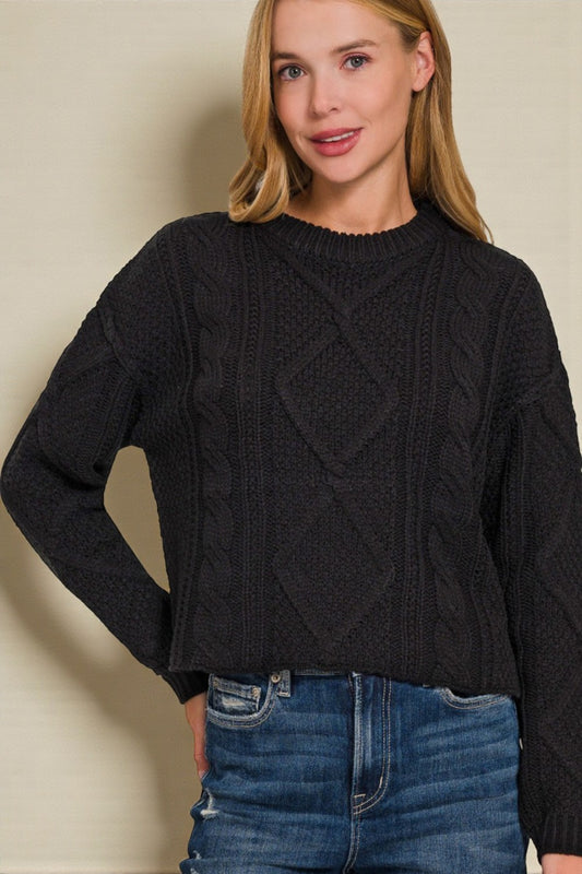 Black Cropped Cable Knit Sweater