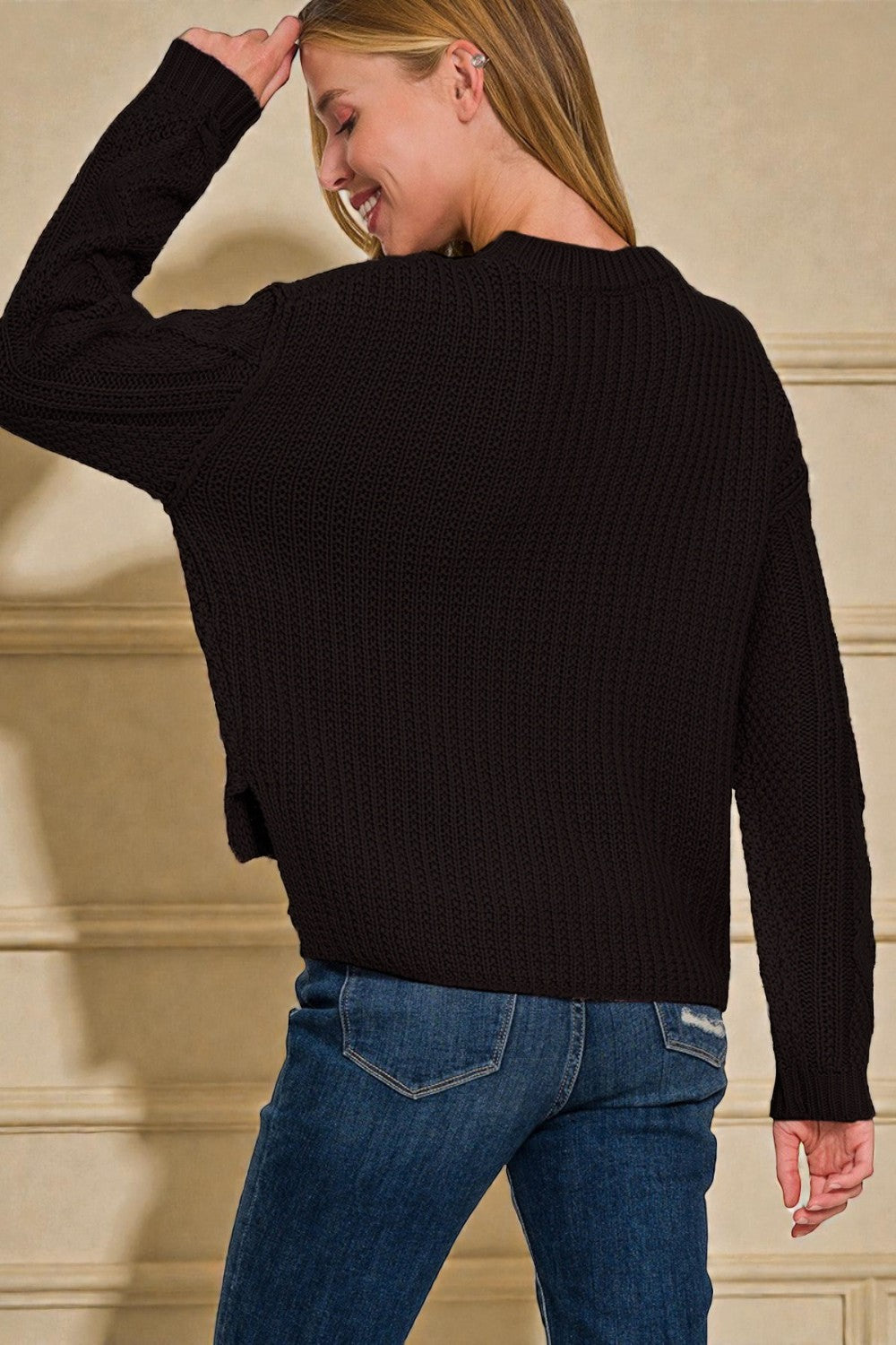 Black Cropped Cable Knit Sweater