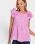Woman wearing a pink checkered top with ruffled sleeves on a white background