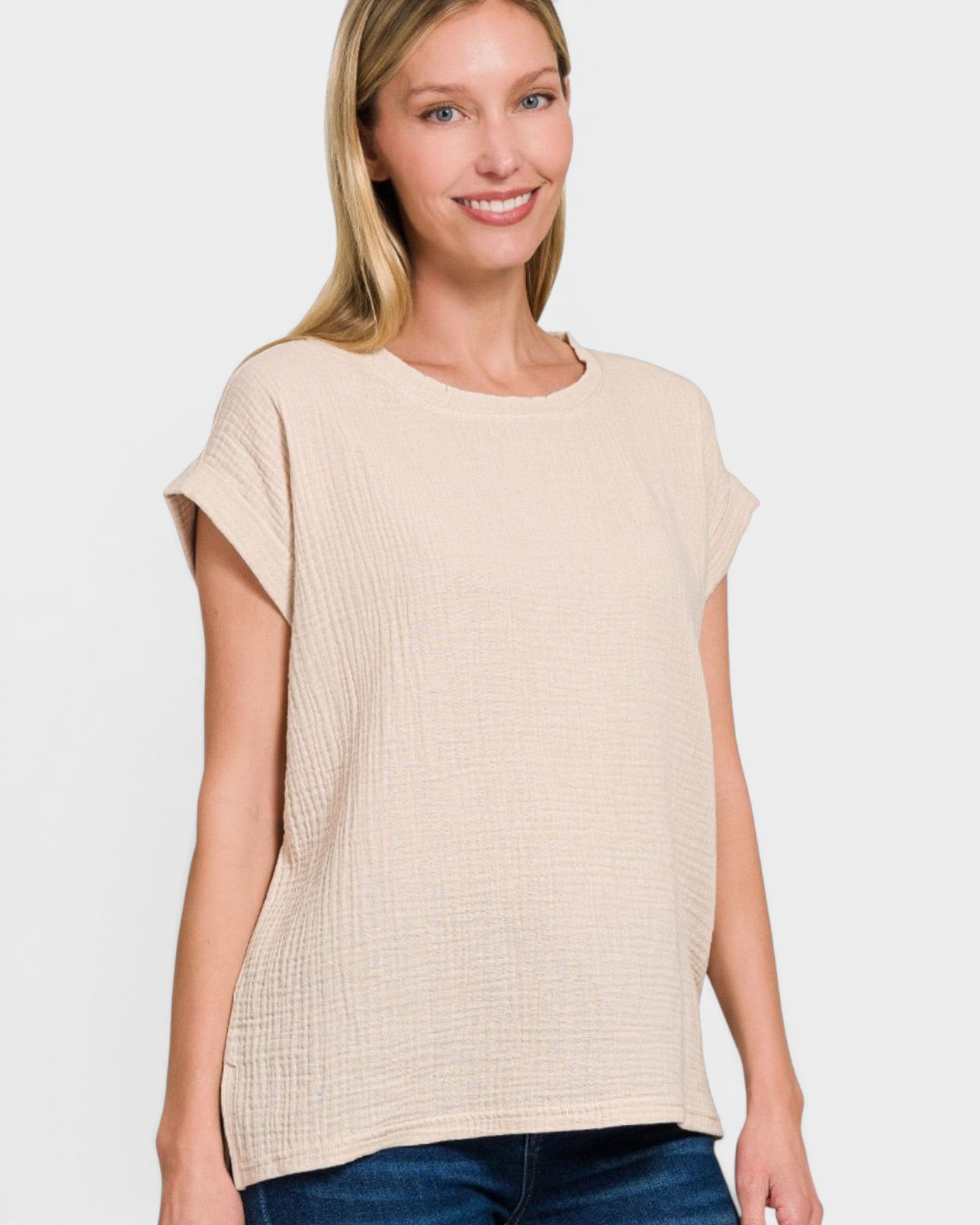 Natural Cotton Gauze Cap Sleeve Top