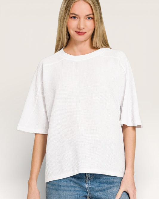 White Textured Short Sleeve Top