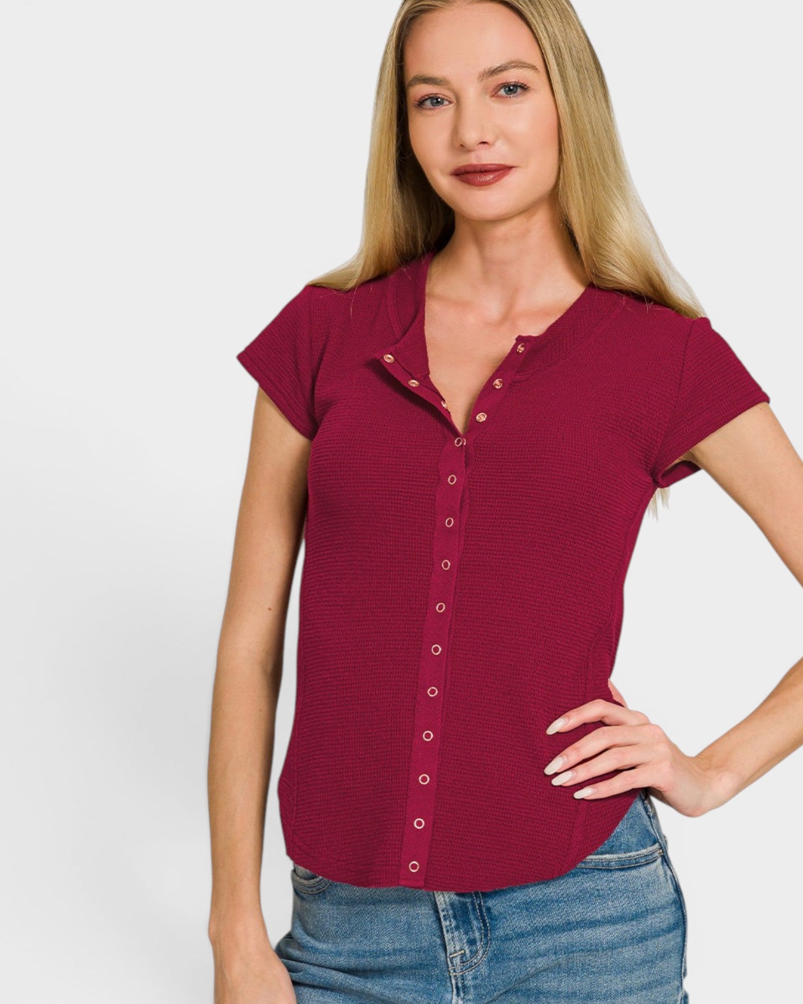 Berry Waffle Knit Snap Button Top