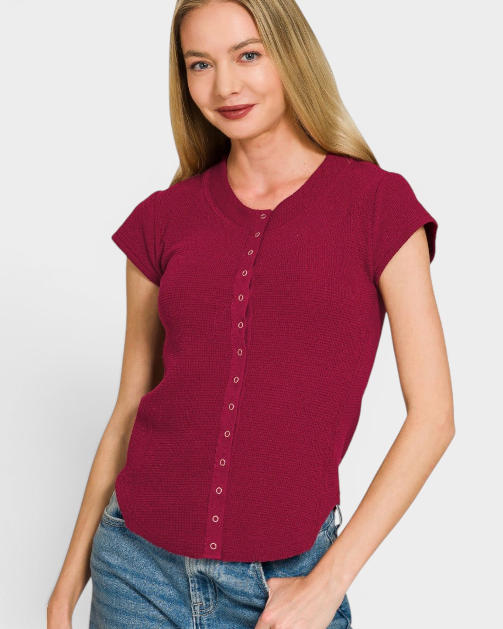 Berry Waffle Knit Snap Button Top