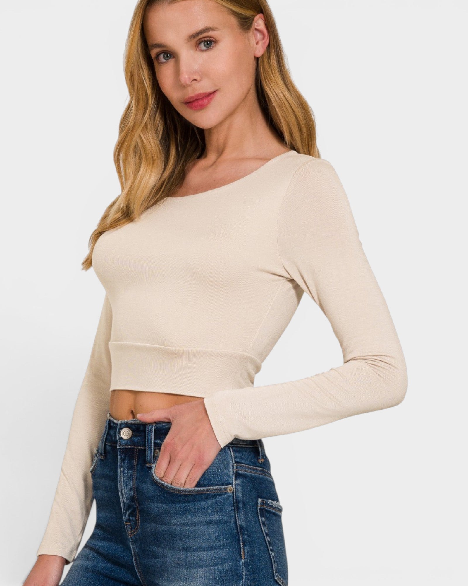 Ivory Long Sleeve Cropped Top