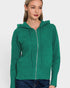 Woman wearing a green hoodie on a white background