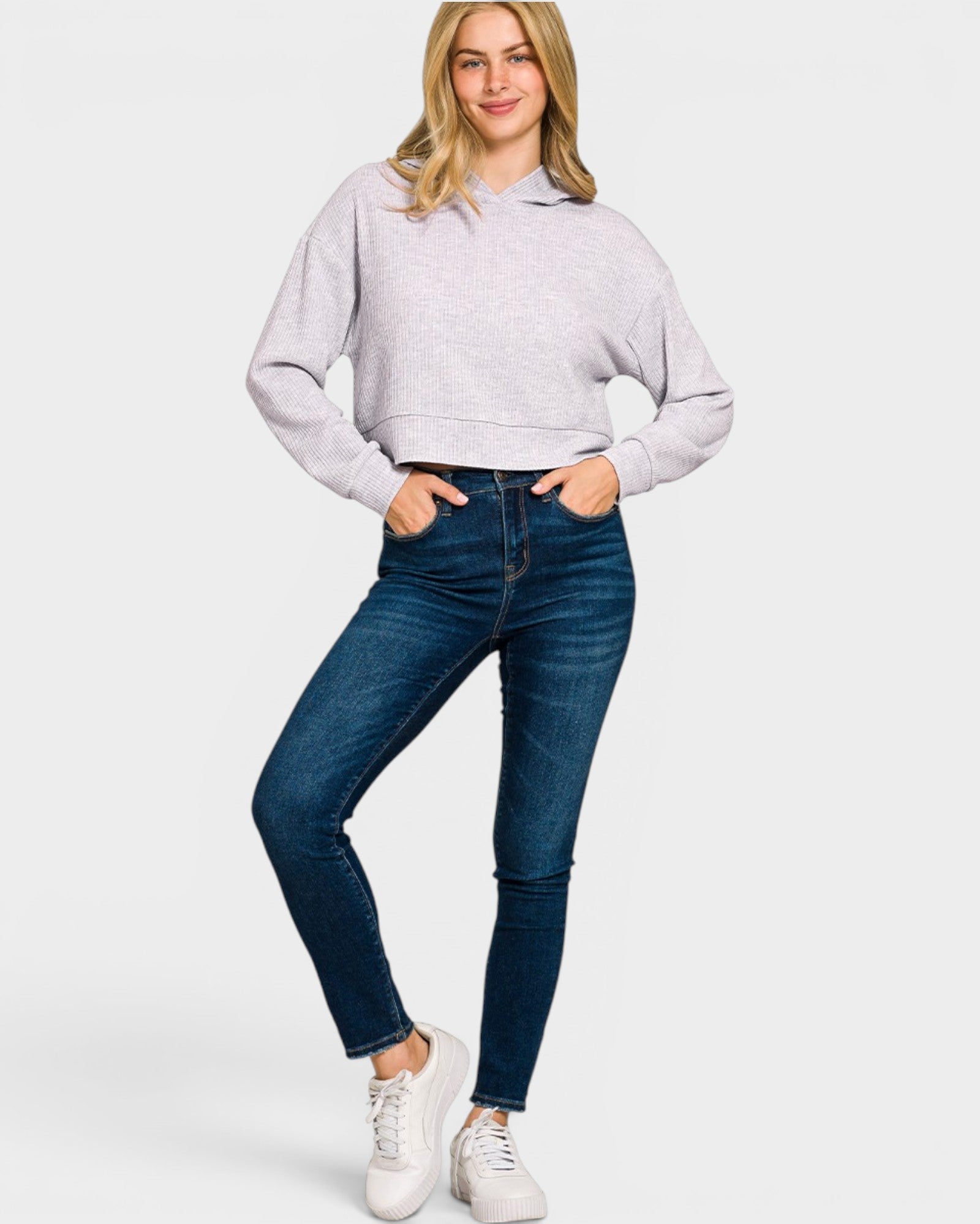 Light Gray Ribbed Crop Hoodie