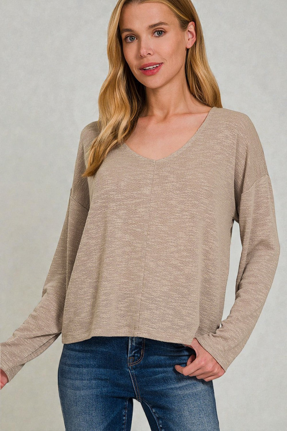 Taupe Lightweight V-Neck Long Sleeve Top