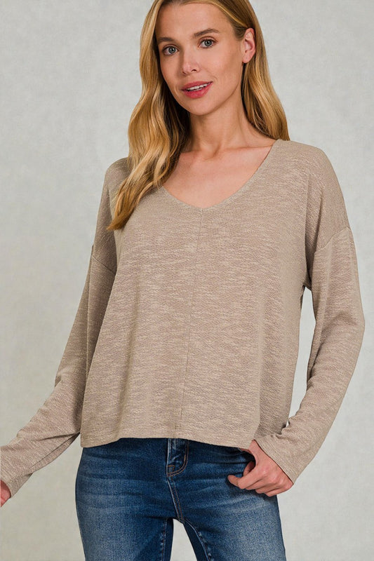 Taupe Lightweight V-Neck Long Sleeve Top