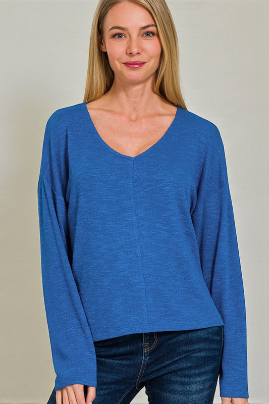 Denim Blue V-Neck Long Sleeve Top