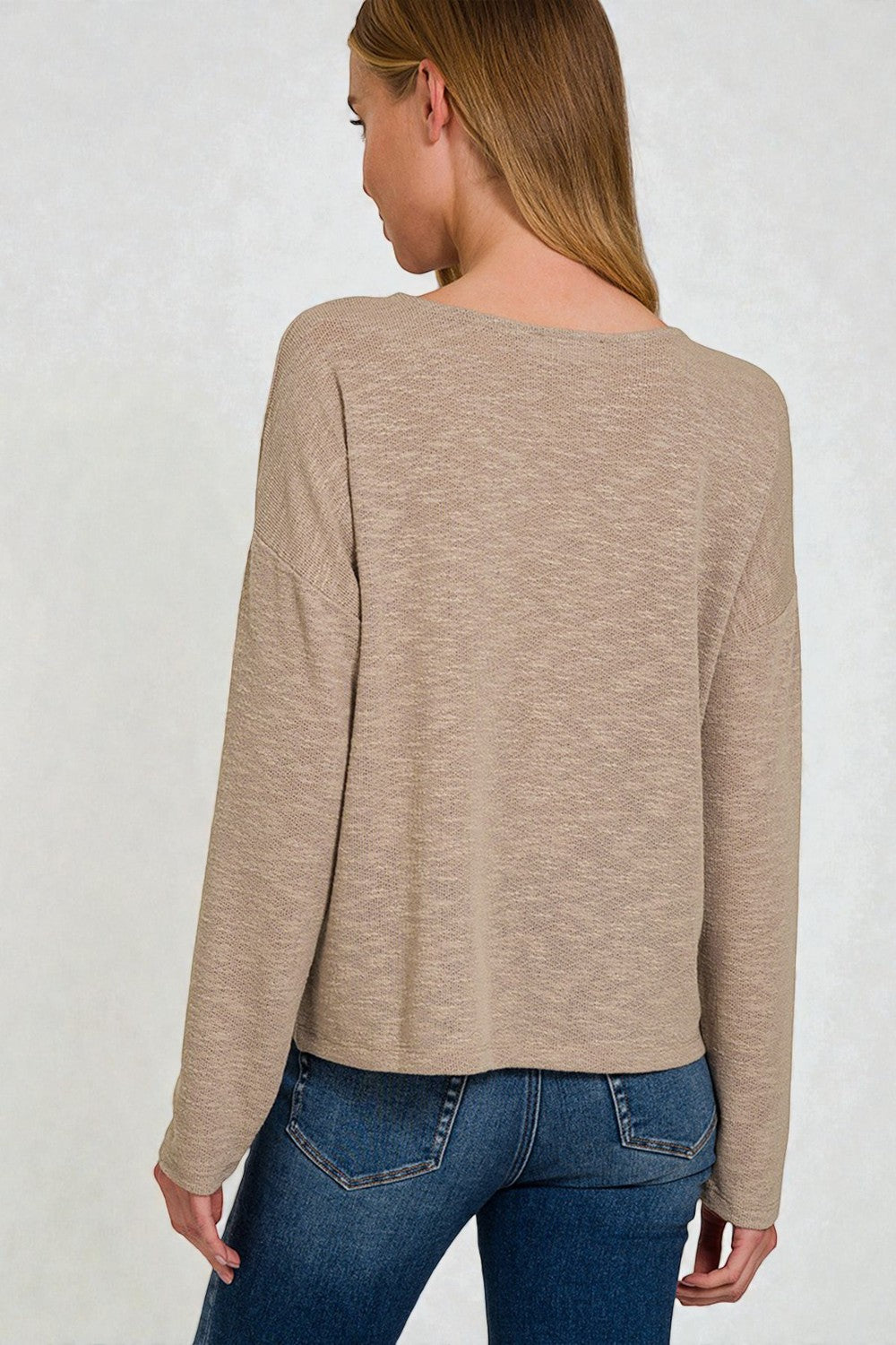 Taupe Lightweight V-Neck Long Sleeve Top
