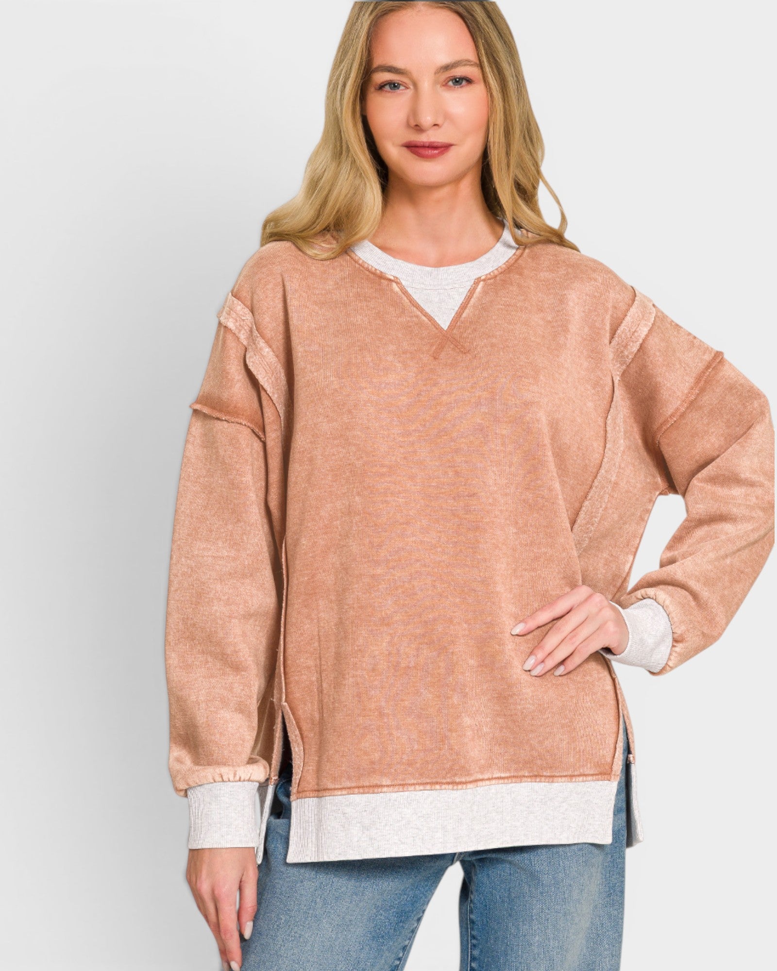 Camel Contrast Trim Split Neck Sweatshirt