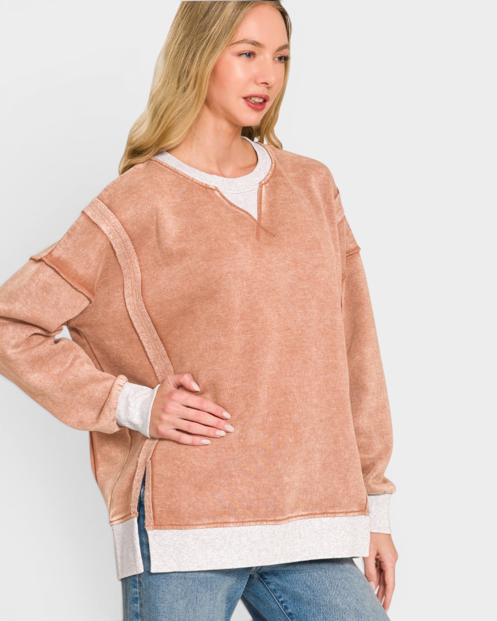 Camel Contrast Trim Split Neck Sweatshirt