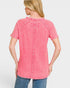 Woman wearing a pink short-sleeve shirt on a white background