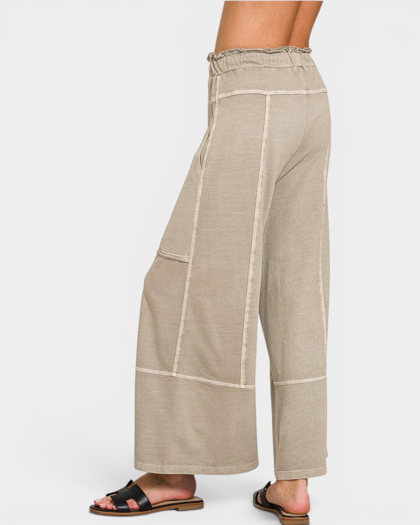 Beige wide-leg pants worn by a person on a white background