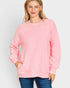 Person wearing a pink sweatshirt on a plain background