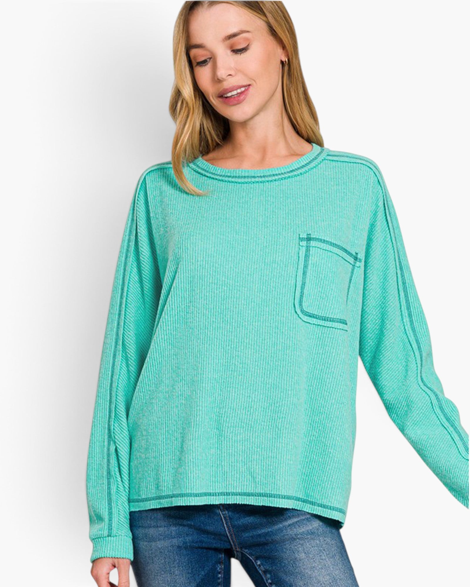 Turquoise Brushed Hacci-Knit Pocket Top
