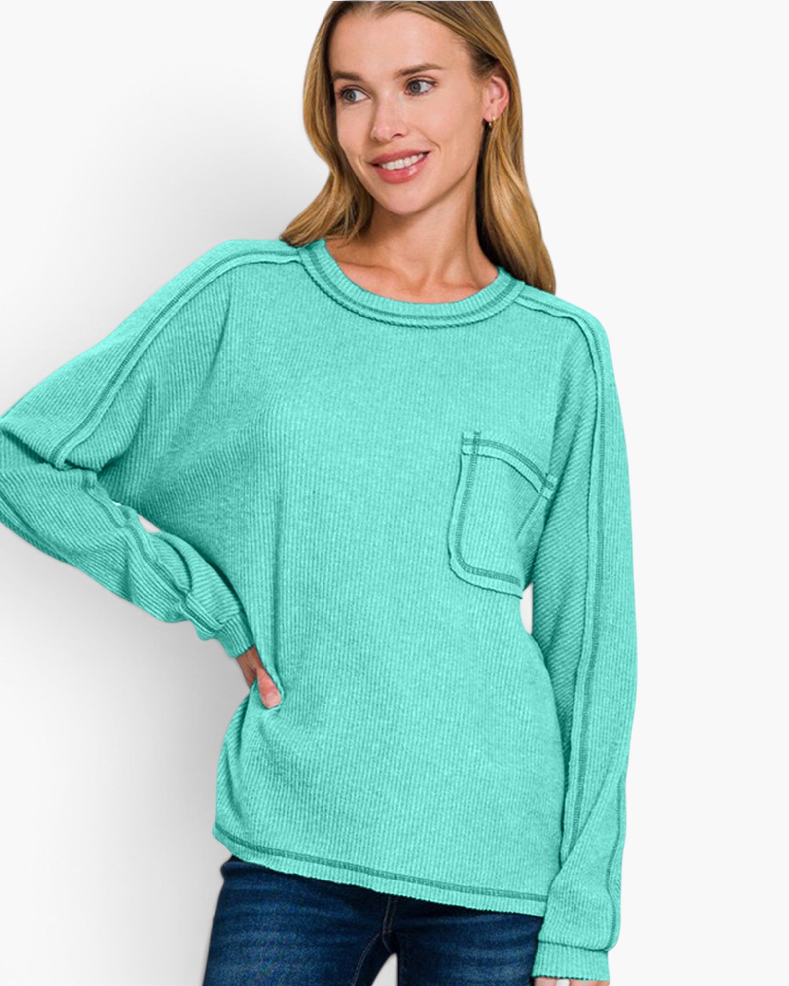 Turquoise Brushed Hacci-Knit Pocket Top