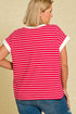 Woman wearing a red and white striped shirt against a beige background