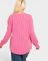 Person wearing a pink ribbed sweater on a white background