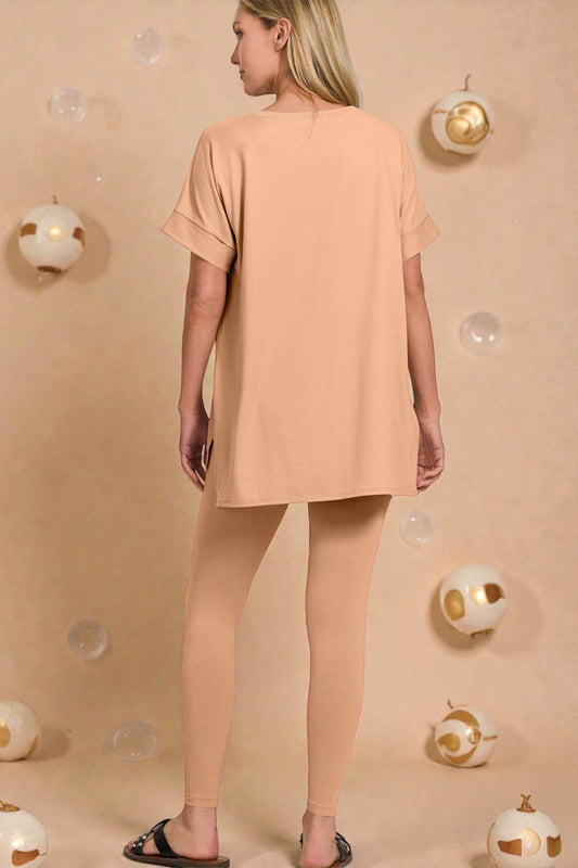 Woman wearing a peach-colored outfit against a beige background with decorative elements.