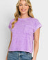 Woman wearing a purple t-shirt with a pocket on a white background