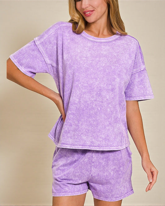 Lavender Mineral Wash Lounge Shorts Set