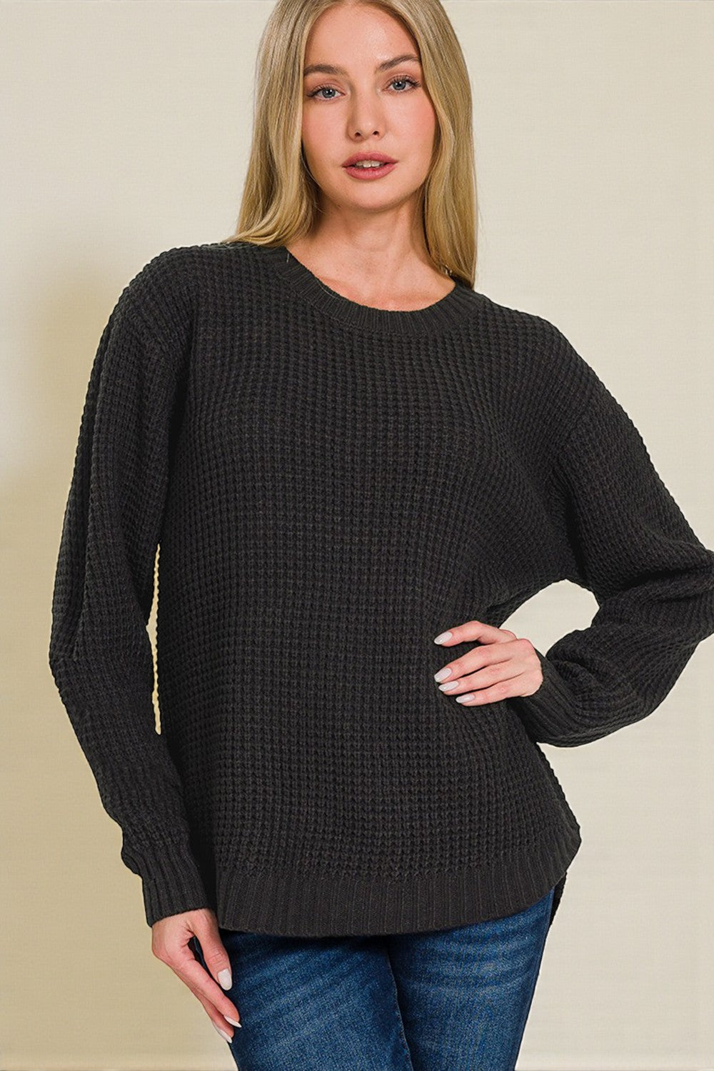 Charcoal Waffle Knit Crewneck Sweater
