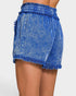 Blue denim shorts with frayed edges on a white background