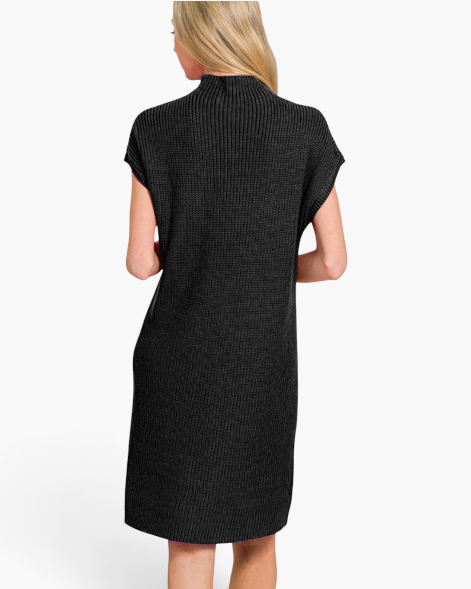 A woman shown from the back wearing a black ribbed knit mock-neck dress with short cap sleeves, photographed against a plain white studio background.